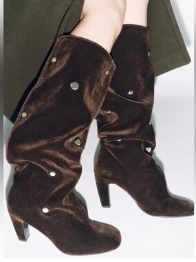 Zara Brown Heeled  Boots with gold accent beautiful luxurious velvet knee high 3